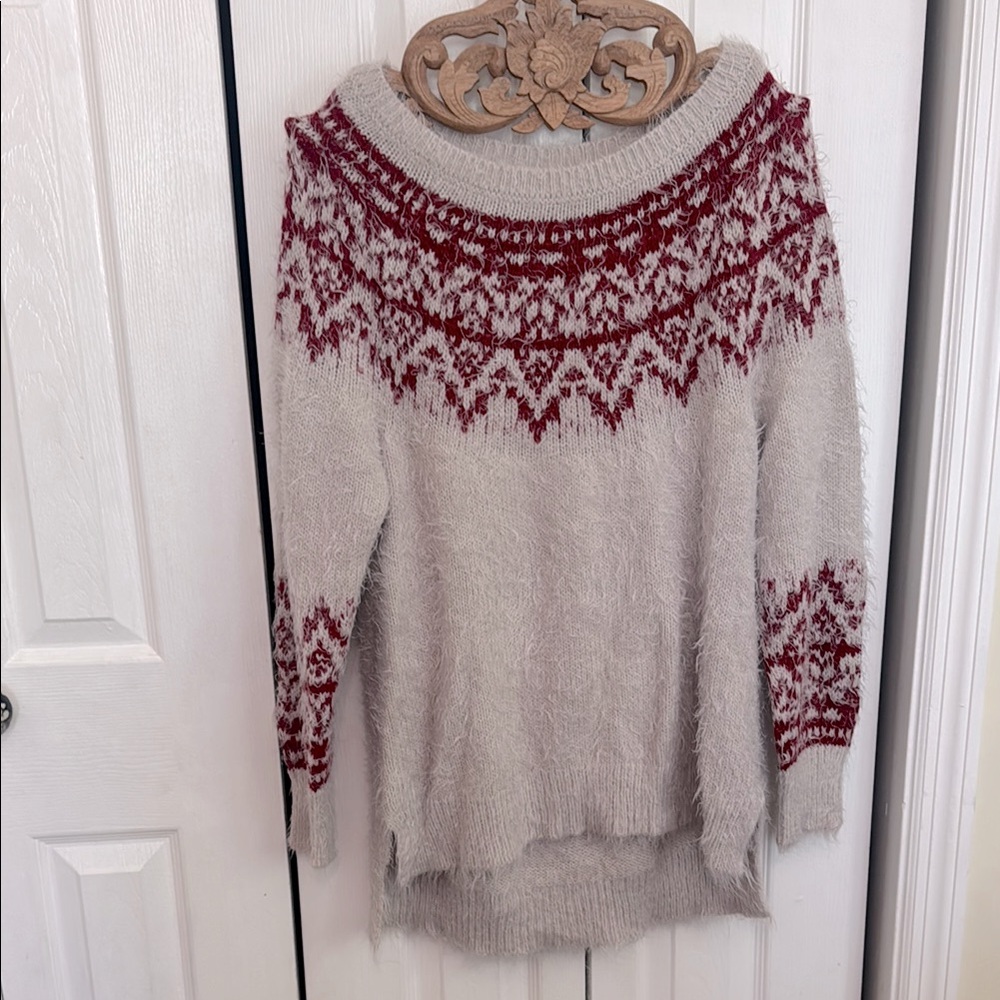 Oversized Red and Gray Faire Isle Cozy Sweater